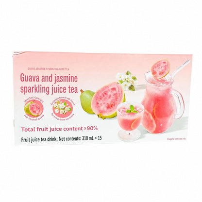 DRINKSBA guava sparkling jasmine tea 310 ml can — Case and bottle front