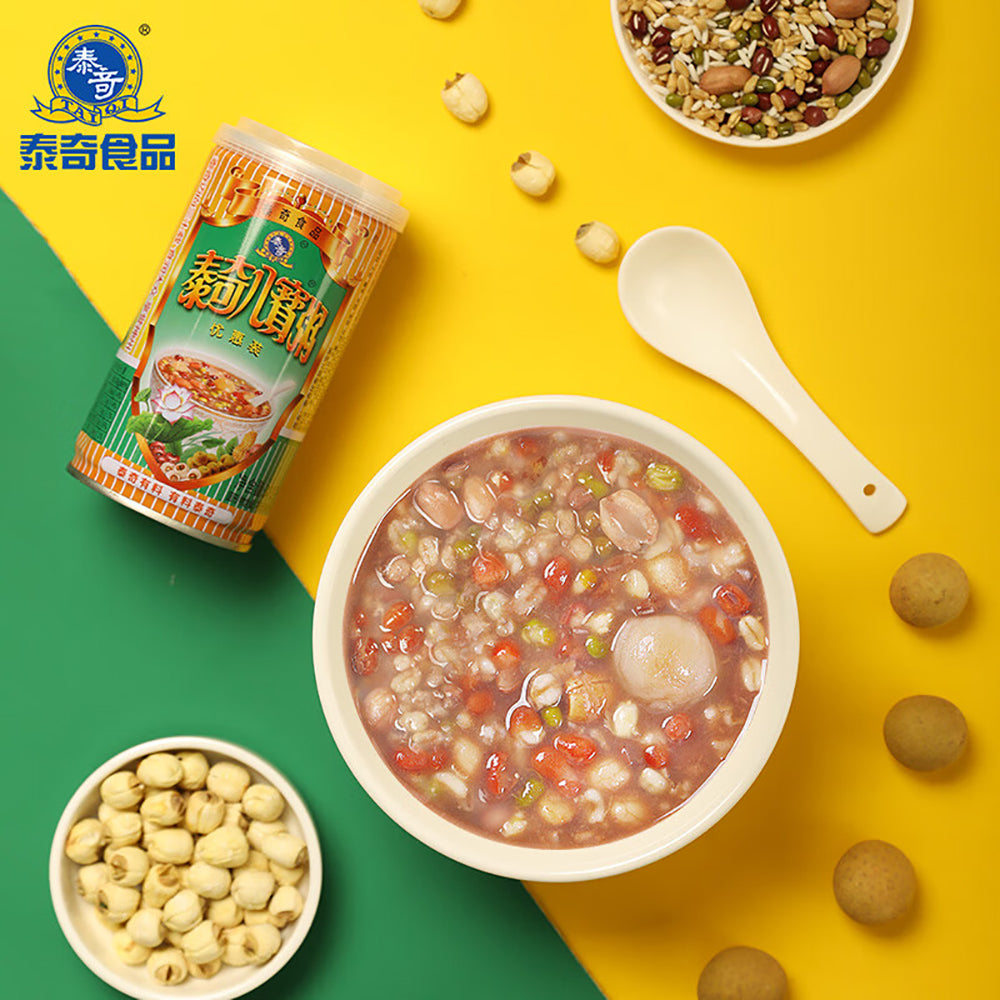 Tai Qi Eight Treasure Congee 370 g package — Can and serving bowl