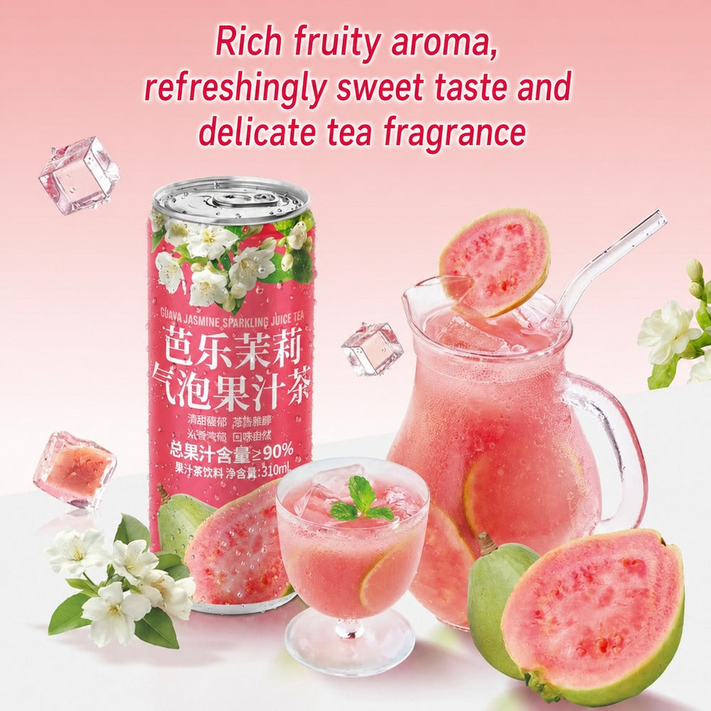 DRINKSBA guava sparkling jasmine tea 310 ml can — Bottle, glass and guava
