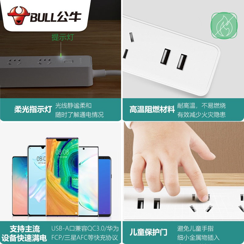 100% Authentic Bull Multi-Function Socket with usb Charging 2 sockets +2 USB 1.5m 1pc