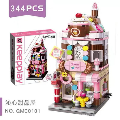 Enlighten Lego Toy Qman Intelligence Ensamblaje de juguetes Casa de postres de ensueño Casa de panadería 344 piezas C0101 启蒙 沁心甜品屋