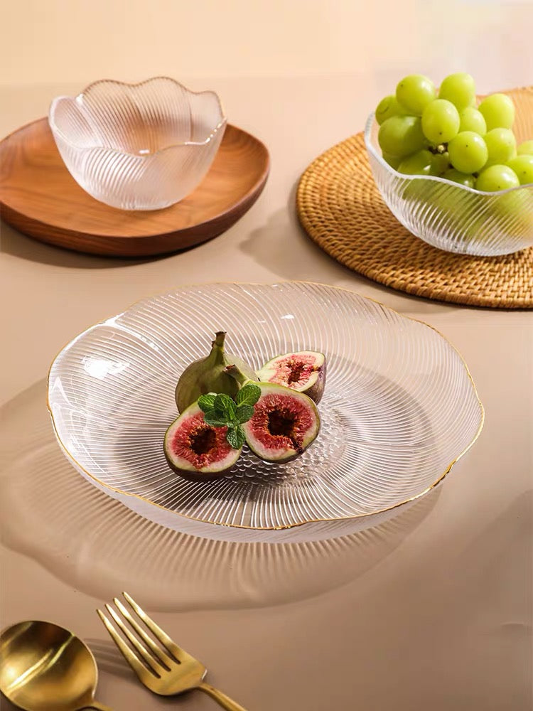 She Li Gold Design Flower Line Glass Salad Bowl Fruit Plate 9 Inches 1pc 舍里果盘