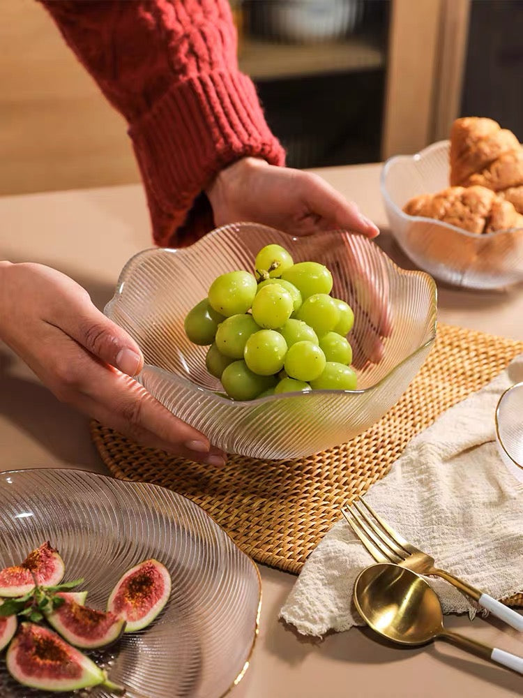 She Li Gold Design Flower Line Glass Salad Bowl Fruit Plate 9 Inches 1pc 舍里果盘